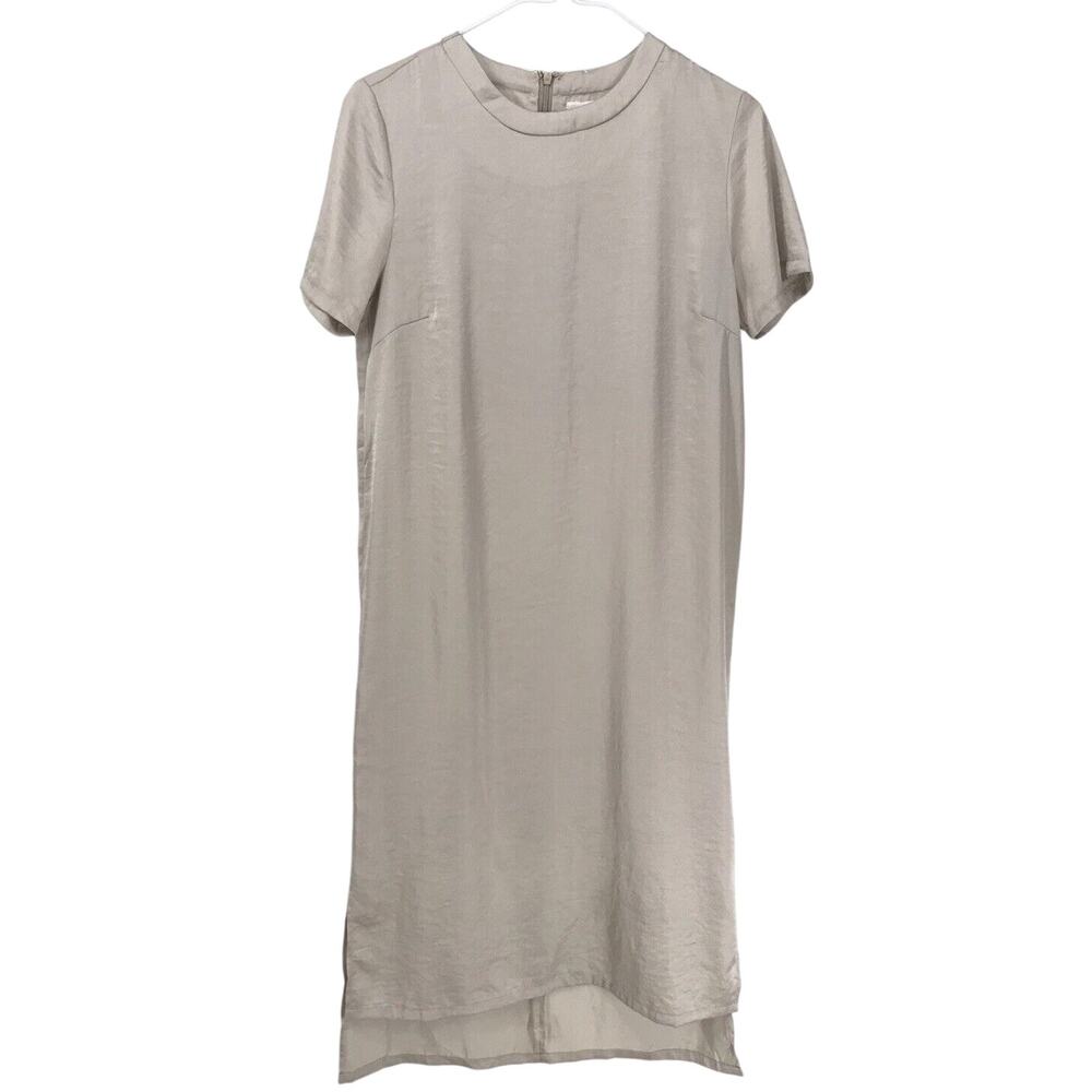 MOD REF Champagne Short Sleeve Crinkle Satin Midi Straight Shift Dress Size S
